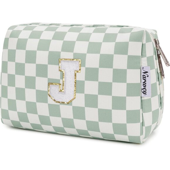 Birthday Gifts for Teen Girls Women Personalized Initial Checkered Makeup Bag Pr - Picture 1 of 7